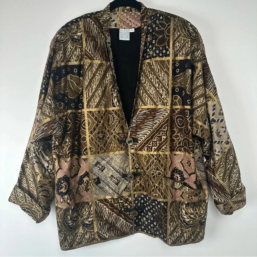 Together! Women's Vintage Jacket Size XL Brown Gold Art To Wear Boho Maximalist